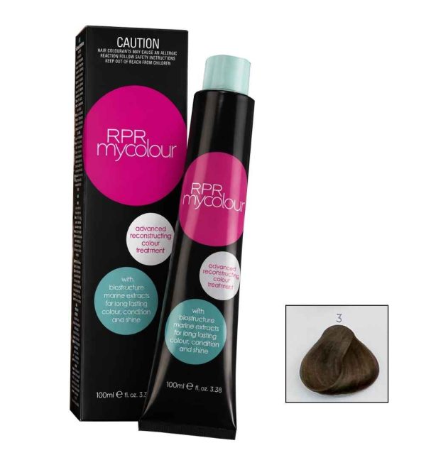 RPR MyColour C3 professional hair colour with colour tubes and colour swatch displayed together
