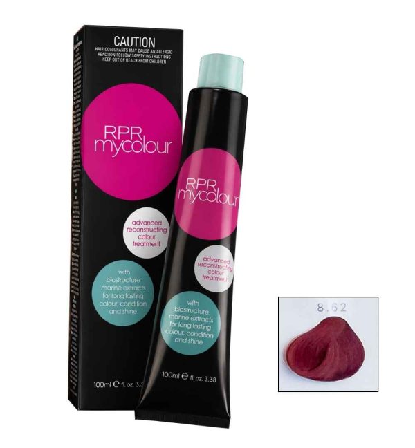 RPR MyColour C8.62 professional hair colour with colour tubes and colour swatch displayed together