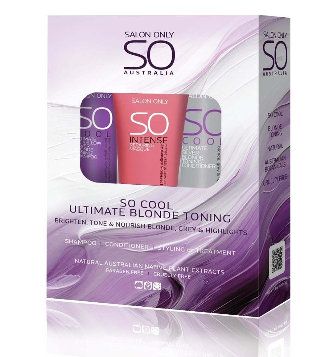 Salon Only SO Cool Ultimate Blonde Toning Gift Pack featuring purple shampoo, silver blonde conditioner and repairing masque.