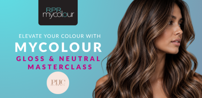 RPR MyColour Gloss and Neutral Masterclass banner with dimensional brunette hair and colour education promotion.