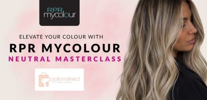 RPR MyColour Neutral Masterclass promotional banner featuring a woman with long soft beige-blonde balayage waves. Text reads "Elevate Your Colour with RPR MyColour Neutral Masterclass" on a soft pink background.
