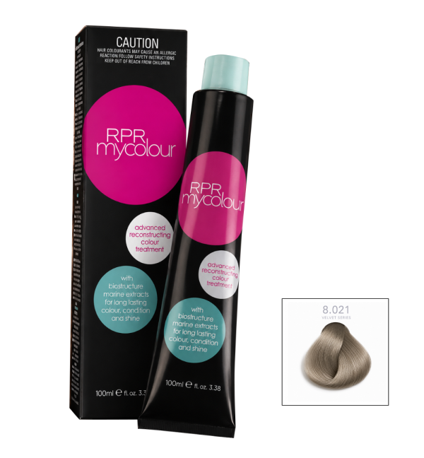 RPR MyColour C8.021 professional hair colour with colour tubes and colour swatch displayed together