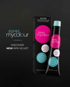 RPR MyColour Velvet Series professional hair colour 100ml tube and box displayed against a dark background with “Discover New RPR Velvet.”
