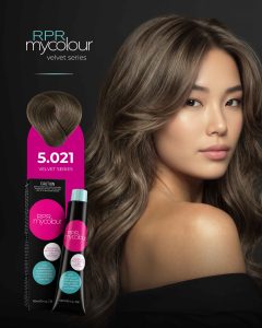 RPR MyColour Velvet Series shade 5.021 shown on a model with rich, cool-toned dimensional brunette hair alongside the professional colour tube and box.