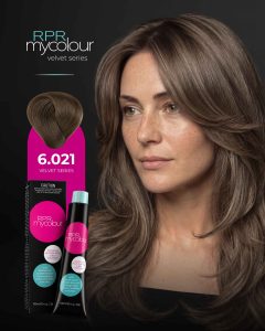 RPR MyColour Velvet Series shade 6.021 shown on a model with soft, cool-neutral brunette hair alongside the professional colour tube and box.
