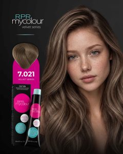 RPR MyColour Velvet Series shade 7.021 shown on a model with dimensional medium brunette hair alongside the professional colour tube and box.