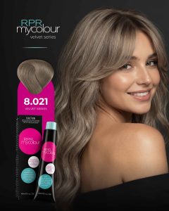 RPR MyColour Velvet Series shade 8.021 shown on a model with soft, cool-toned dark blonde hair alongside the professional colour tube and box.