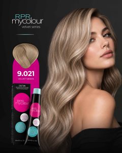 RPR MyColour Velvet Series shade 9.021 shown on a model with luminous, cool-neutral light blonde hair alongside the professional colour tube and box.