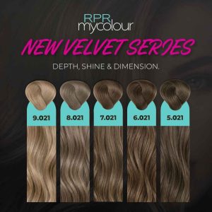 RPR MyColour Velvet Series hair colour swatches in five dimensional shades: 9.021, 8.021, 7.021, 6.021 and 5.021.