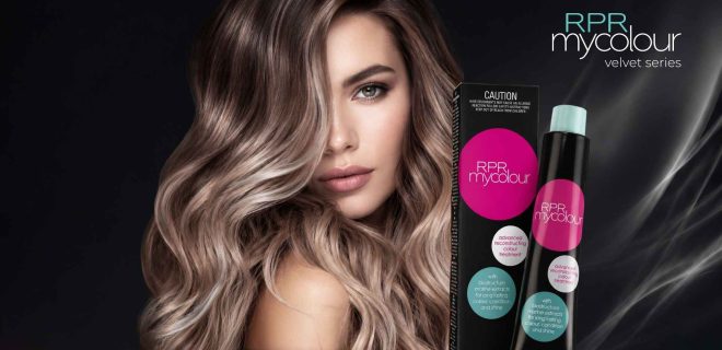 Model with glossy, dimensional cool-neutral brunette and blonde hair alongside RPR MyColour Velvet Series professional hair colour tube and box.