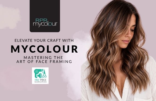 RPR MyColour face-framing hair colour training featuring long brunette waves with caramel blonde highlights.