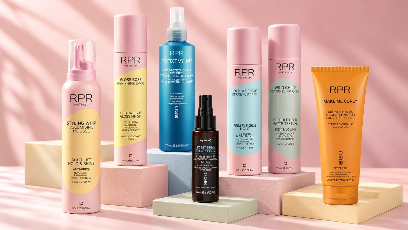 RPR styling range featuring Styling Whip, Gloss Boss, Protect My Hair, Fix My Frizz, Hold Me Tight, Wild Child and Make Me Curly.