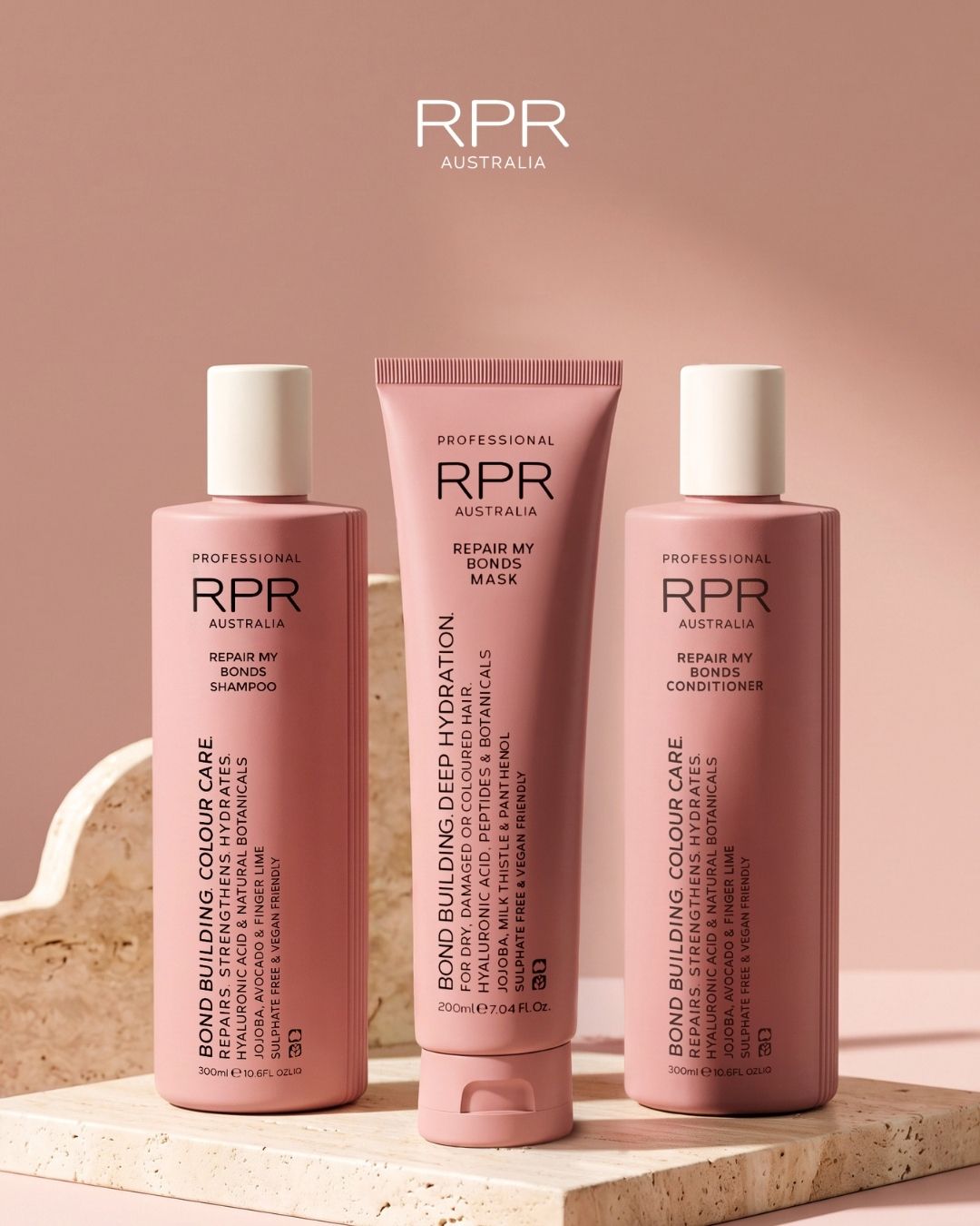 RPR Professional Repair My Bonds Shampoo, Conditioner and Mask in pink packaging, offering bond building, deep hydration and hair repair.